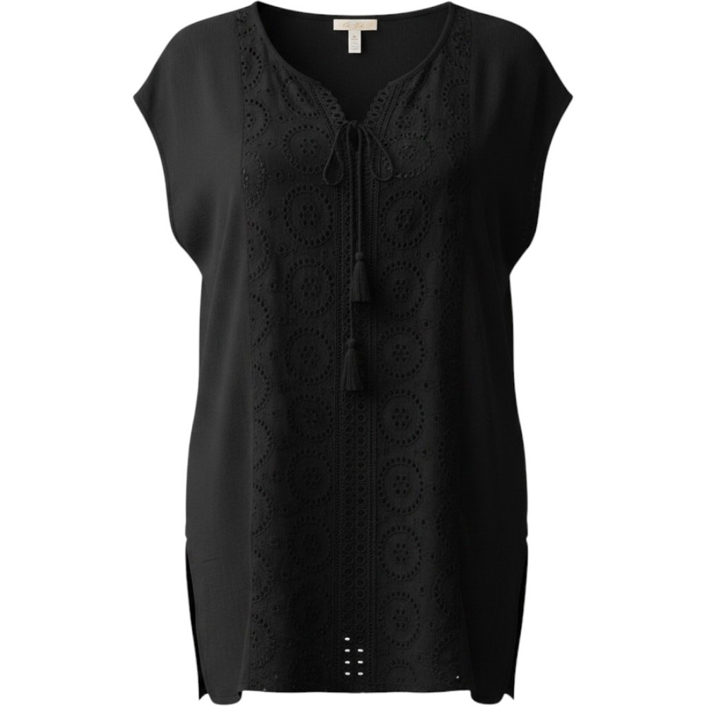 Kona Sol Black Solid Eyelet Lace Cap Sleeve V-Neck Beach‎ Cover Up Size S